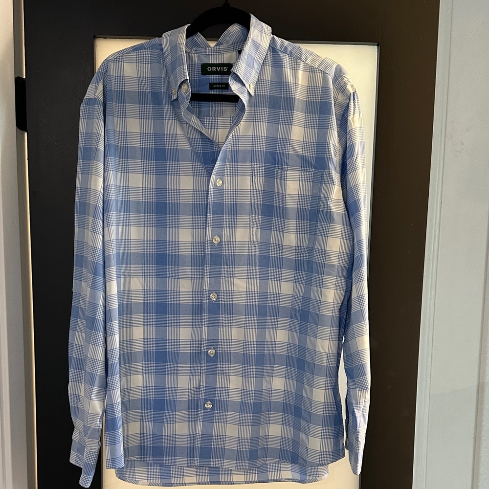 Orvis Men's Light Blue and White Checkered Shirt